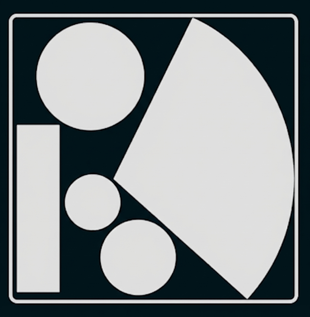 Quadratischer Rahmen mit mehreren grauen Formen: großes Kreissegment rechts, großer Kreis oben links, zwei kleine Kreise und ein Rechteck.